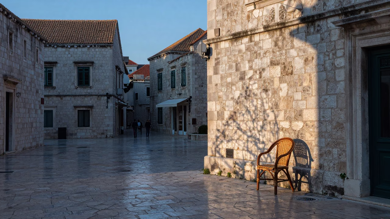 Early Morning Dubrovnik Street Scene with Wicker Shadow and Linen Fringe in in Dubrovnik, Croatia