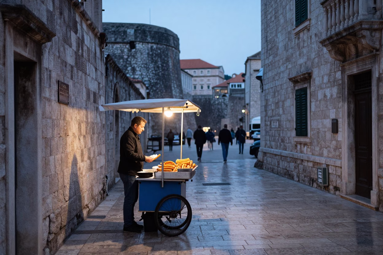 Early Morning Dubrovnik Street Vendor Serving Churros Before Dawn in in Dubrovnik, Croatia