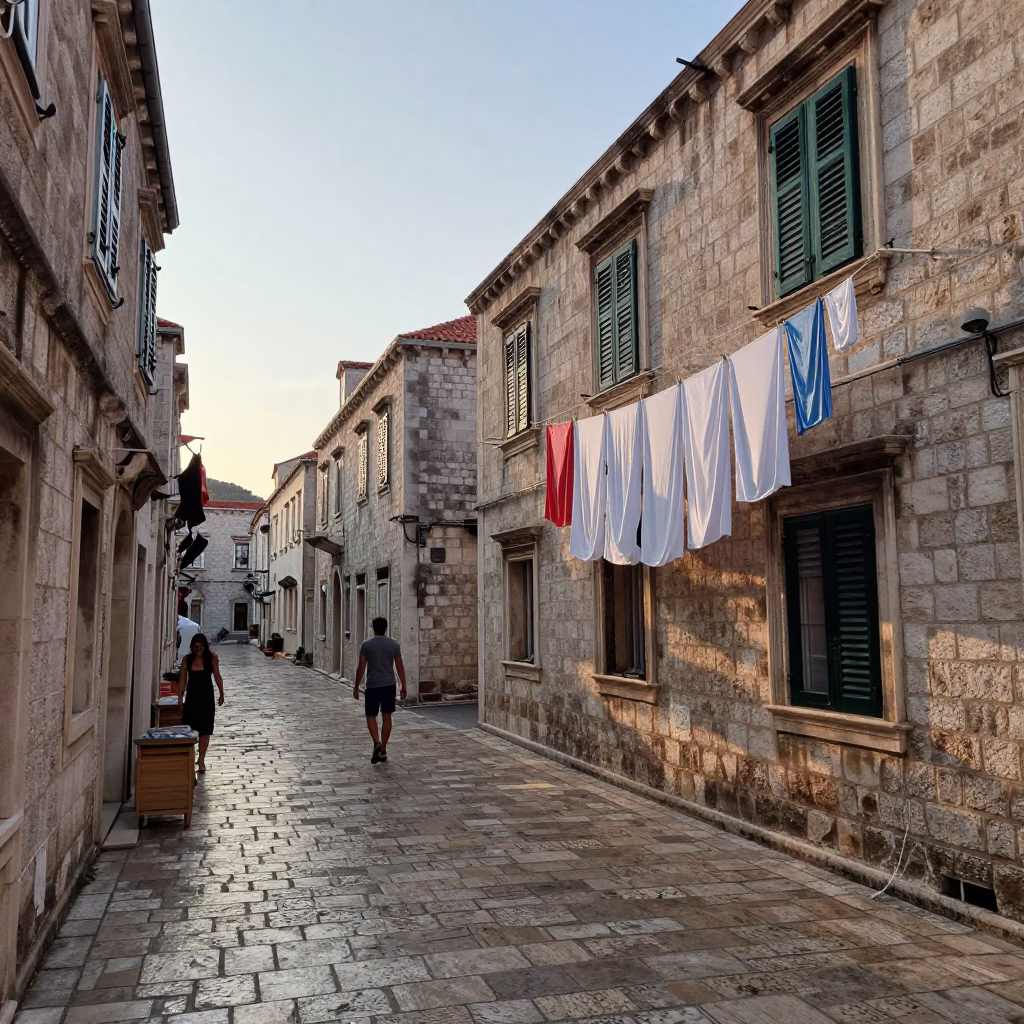 Early Morning Dubrovnik Streets with Local Laundry and Stone Architecture in in Dubrovnik, Croatia