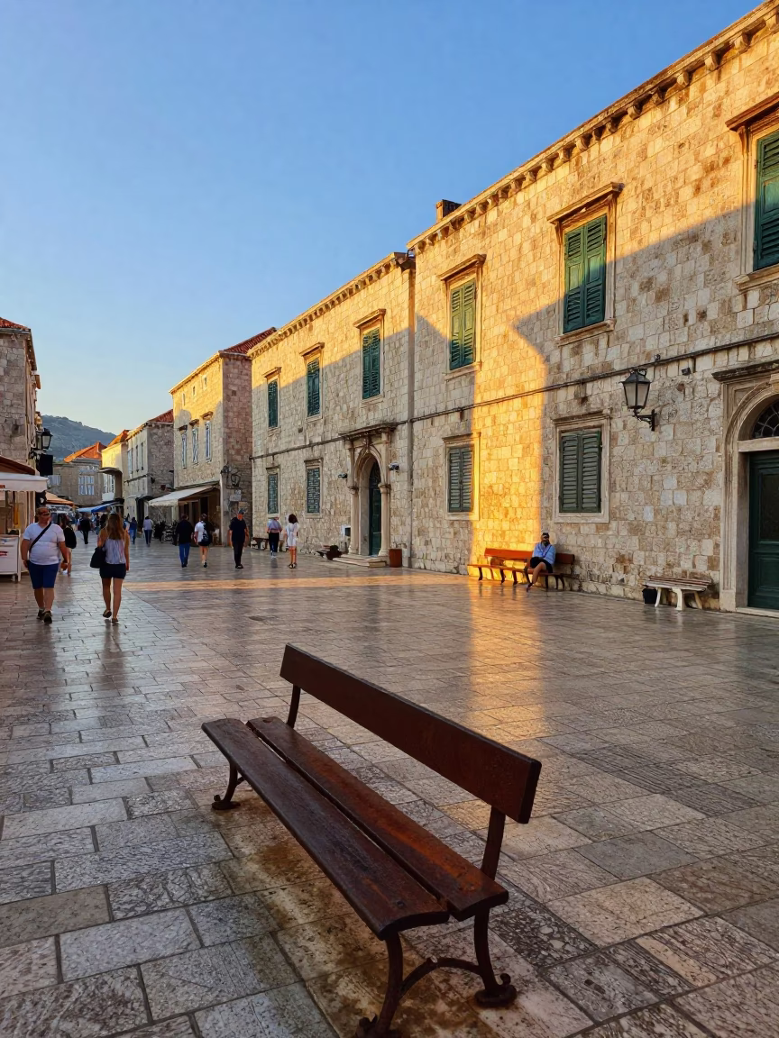 Early Morning Dubrovnik Streets with Rusty Bench and Local Daily Life in in Dubrovnik, Croatia