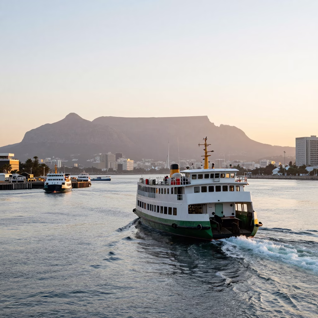 Early Morning Durban Harbor Scene with Ferry Departure and Coastal Mountains in in Durban, South Africa