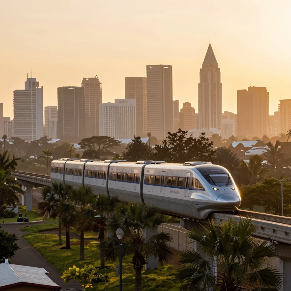 Early Morning Durban Monorail Gliding Past Palm Trees and Glass Towers in South Africa in in Durban, South Africa