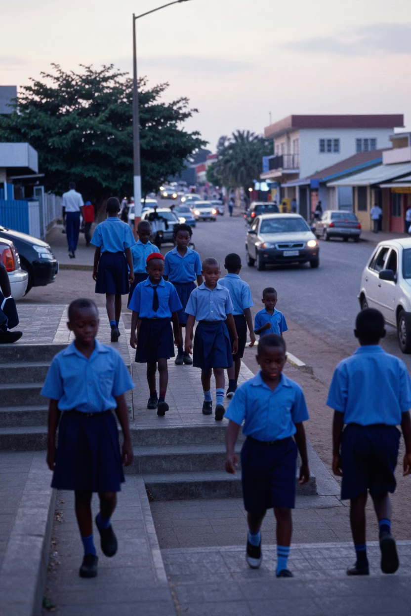 Early Morning Durban Street Life with School Children and Old Leather Basketball in in Durban, South Africa