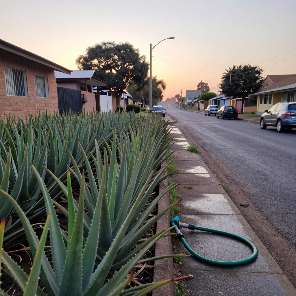 Early Morning Durban Street Scene with Aloe Vera Plantation and Hose Nozzle in in Durban, South Africa