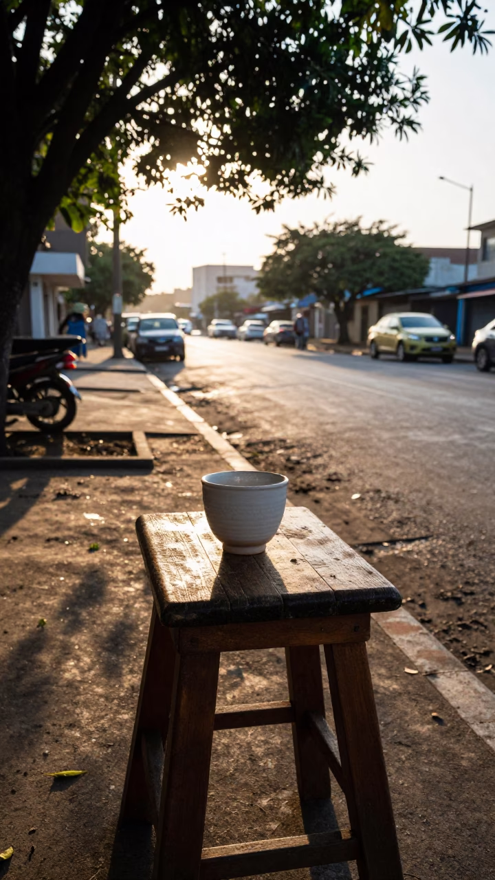 Early Morning Durban Street Scene with Ceramic Cup and Leaf Shadows in in Durban, South Africa