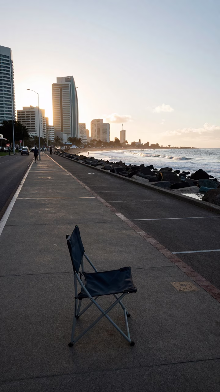 Early Morning Durban Street Scene with Folding Chair and Brush near Beachfront in in Durban, South Africa