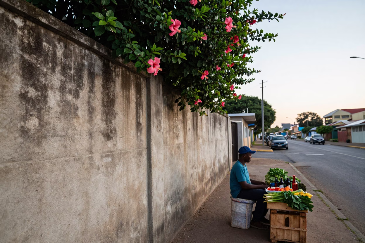 Early Morning Durban Street Scene with Hibiscus Flower in Foreground in in Durban, South Africa