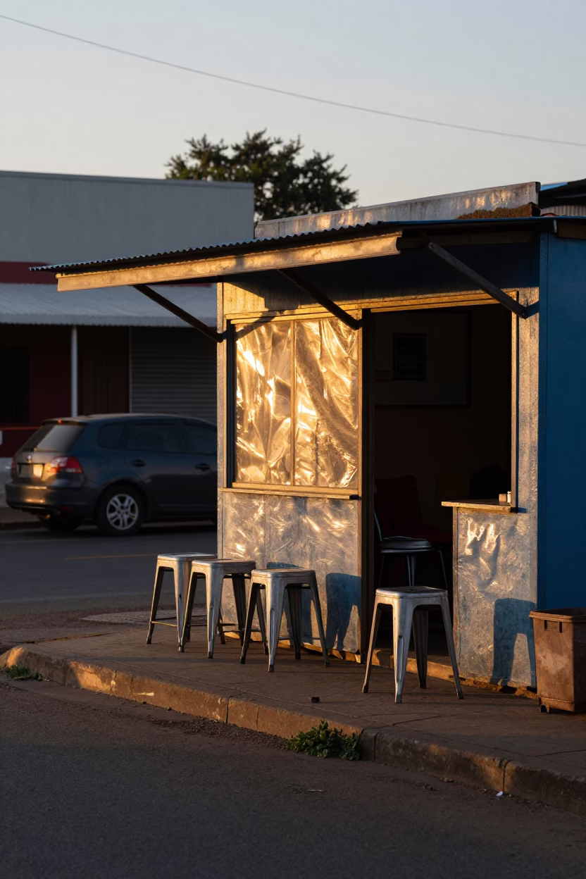Early Morning Durban Street Scene with Metal Stools and Local Commerce Before Dawn in in Durban, South Africa