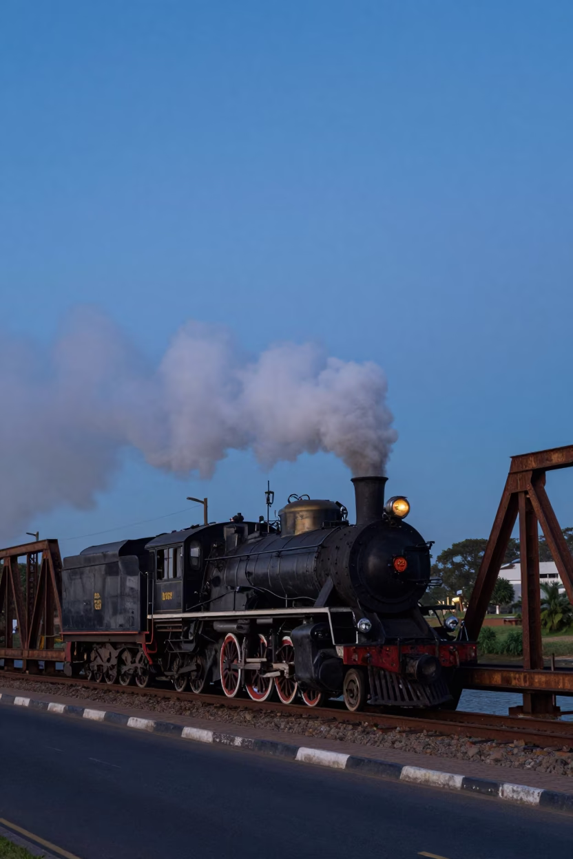 Early Morning Durban Street Scene with Steam Locomotive Crossing Bridge Before Dawn in in Durban, South Africa