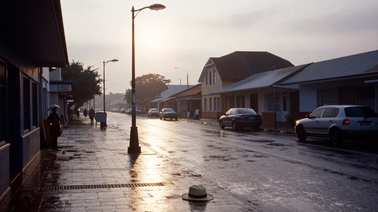 Early Morning Durban Street Scene with Sun Hat and Wet Flagstones in in Durban, South Africa