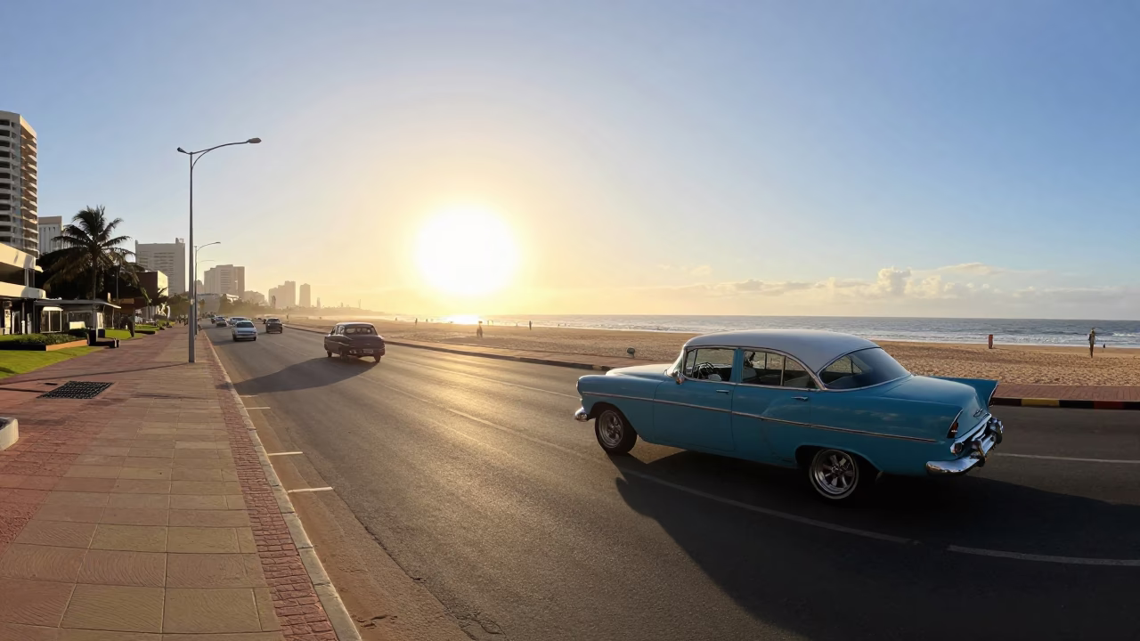 Early Morning Durban Street Scene with Vintage 1960s Vehicles and Coastal Atmosphere in in Durban, South Africa