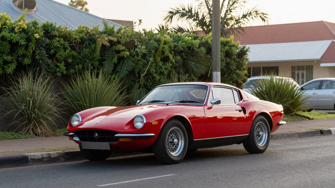 Early Morning Durban Street Scene with Vintage Red Sports Car and Frangipani Flowers in in Durban, South Africa