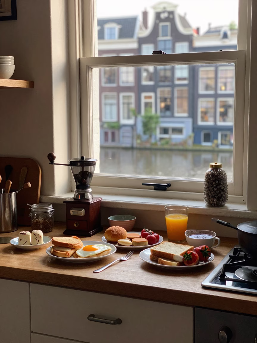 Early Morning Dutch Breakfast Scene with Coffee Grinder and Mandazi in Amsterdam Kitchen in in Amsterdam, Netherlands