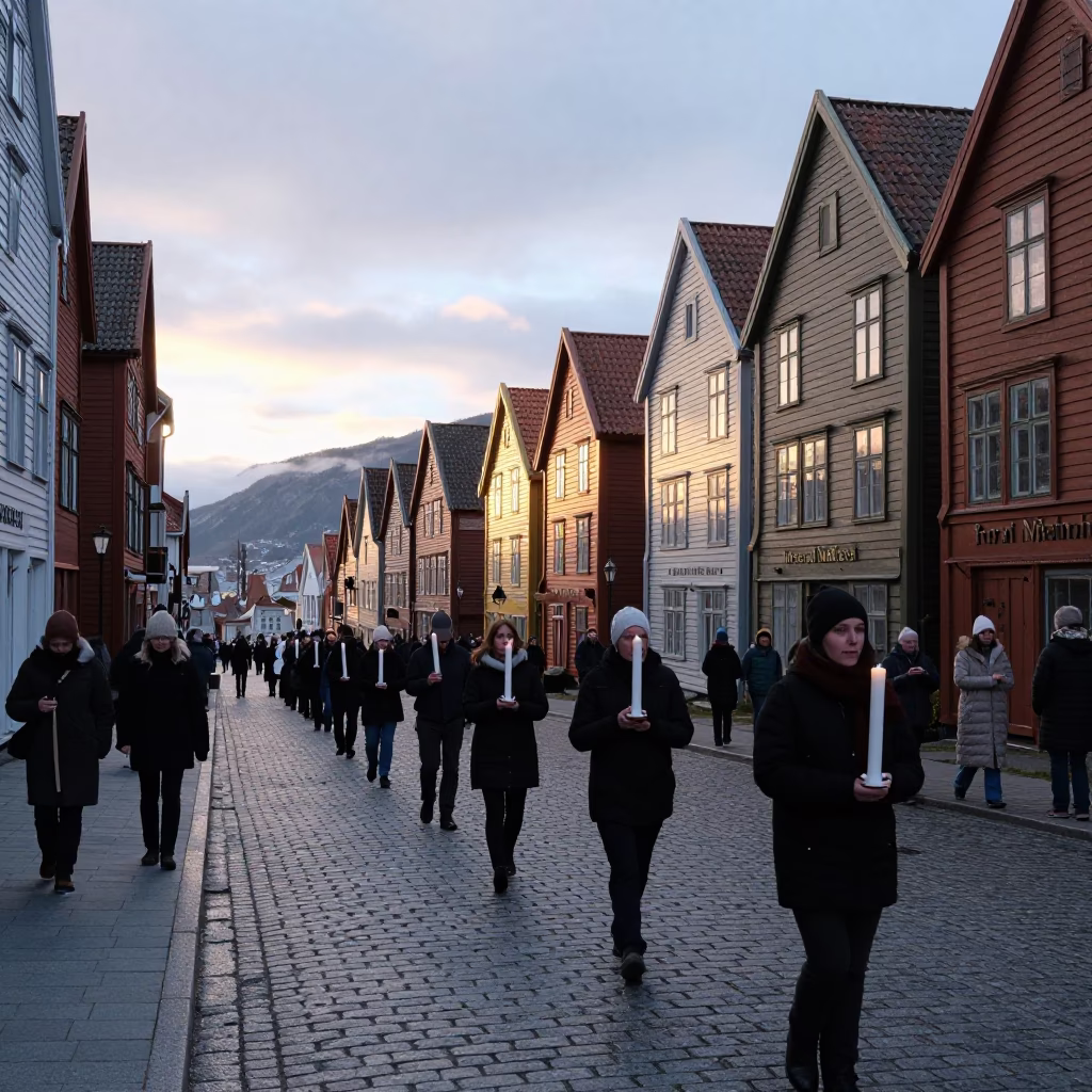 Early Morning Easter Procession in Bergen Norway with Traditional Candles and Church in in Bergen, Norway