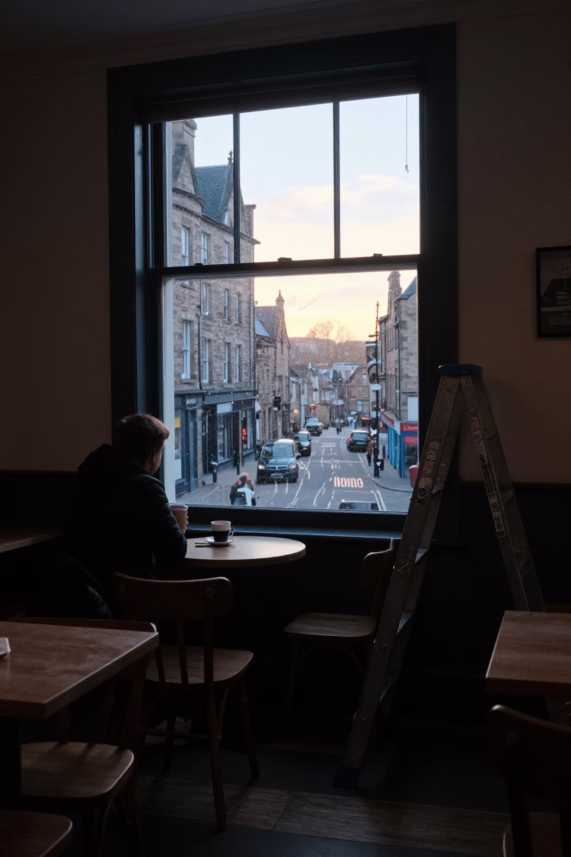 Early Morning Edinburgh Cafe Interior with Coffee and Ladder Chair Before Sunrise in in Edinburgh, United Kingdom
