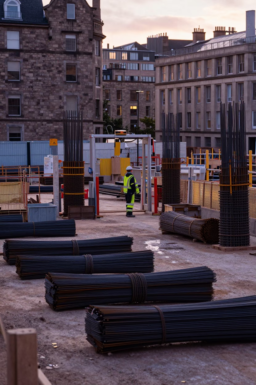 Early Morning Edinburgh Construction Site Rebar Bundles and Urban Street Scene in in Edinburgh, United Kingdom