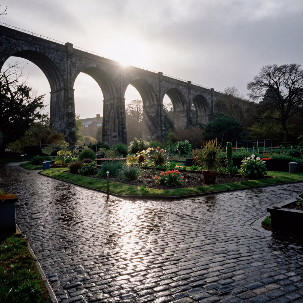 Early Morning Edinburgh Rain Shadow on Allotment Gardens Near Victorian Viaduct in in Edinburgh, United Kingdom