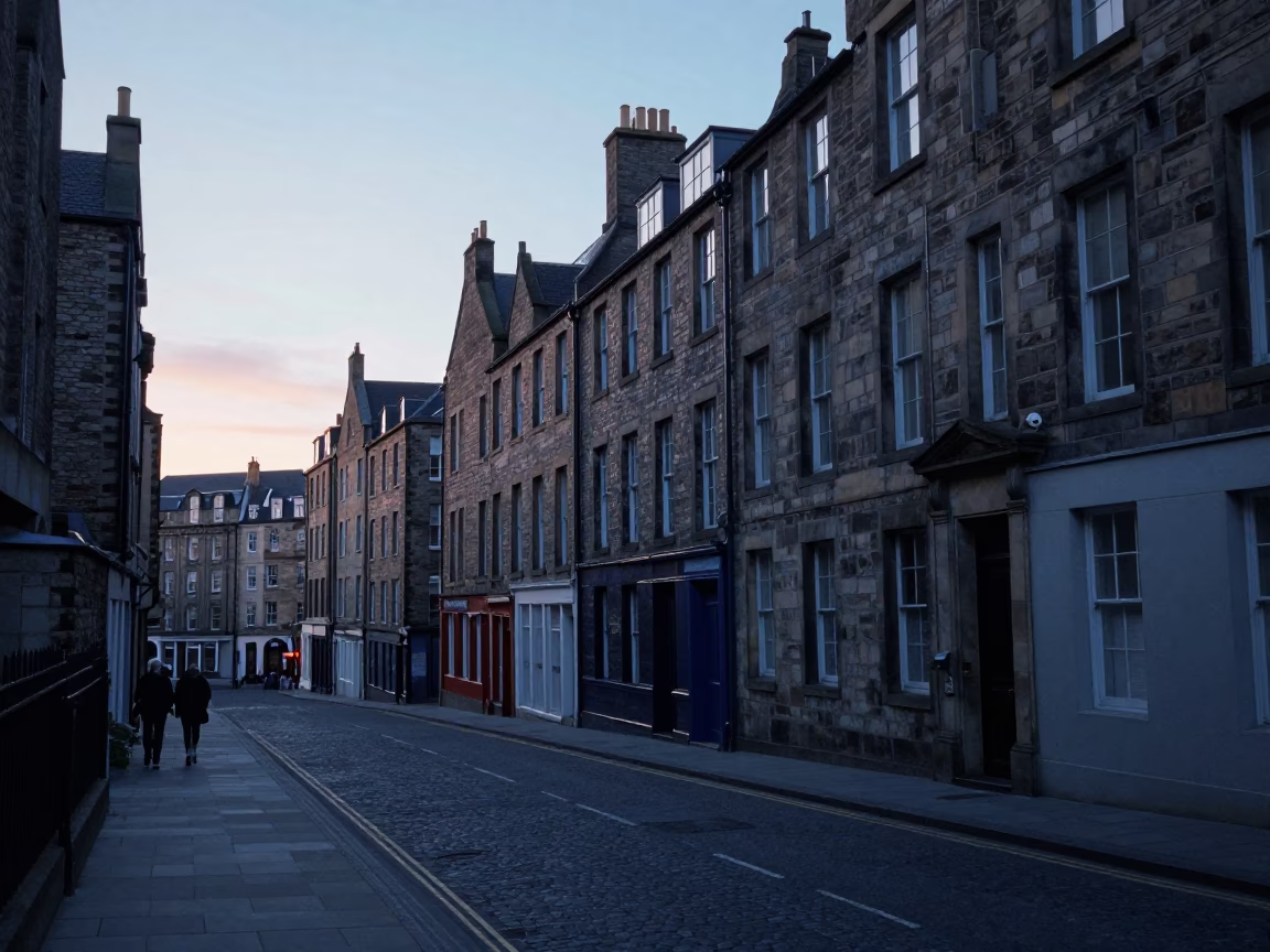 Early Morning Edinburgh Street Scene Before Sunrise with Vintage 1960s Aesthetic and Local Details in in Edinburgh, United Kingdom