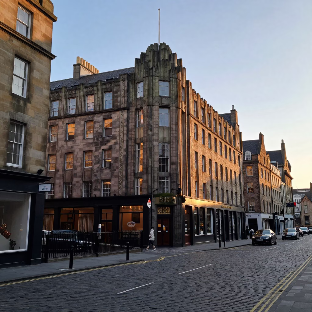 Early Morning Edinburgh Street Scene with Art Deco Hotel Facade and Sunlight in in Edinburgh, United Kingdom