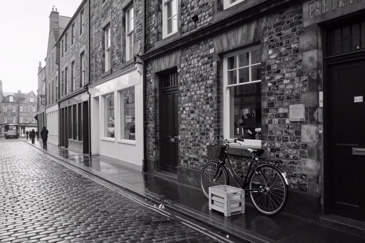 Early Morning Edinburgh Street Scene with Bicycle and Crate Before Sunrise in in Edinburgh, United Kingdom