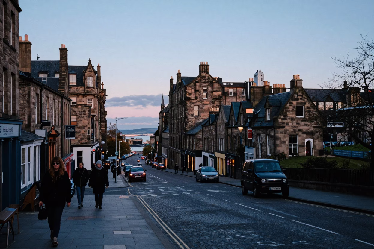 Early Morning Edinburgh Street Scene with Blue Hour Sky and Local Commuters in in Edinburgh, United Kingdom