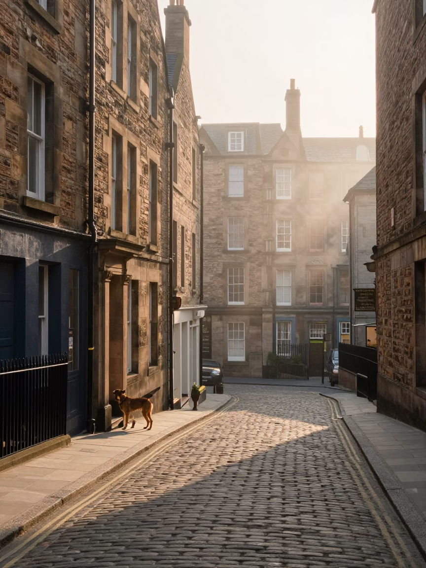 Early Morning Edinburgh Street Scene with Brown Dog and Cobblestones in in Edinburgh, United Kingdom