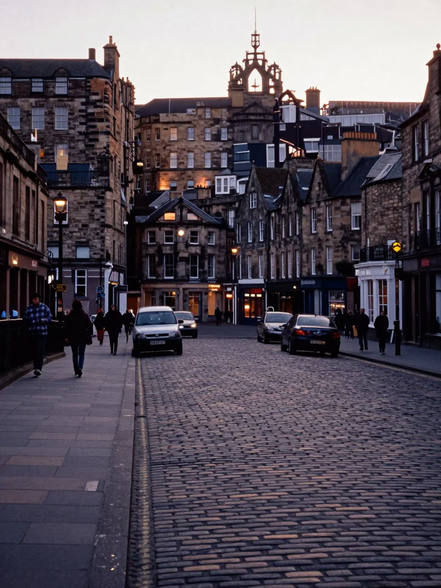 Early Morning Edinburgh Street Scene with Cobbles and Local Items in in Edinburgh, United Kingdom