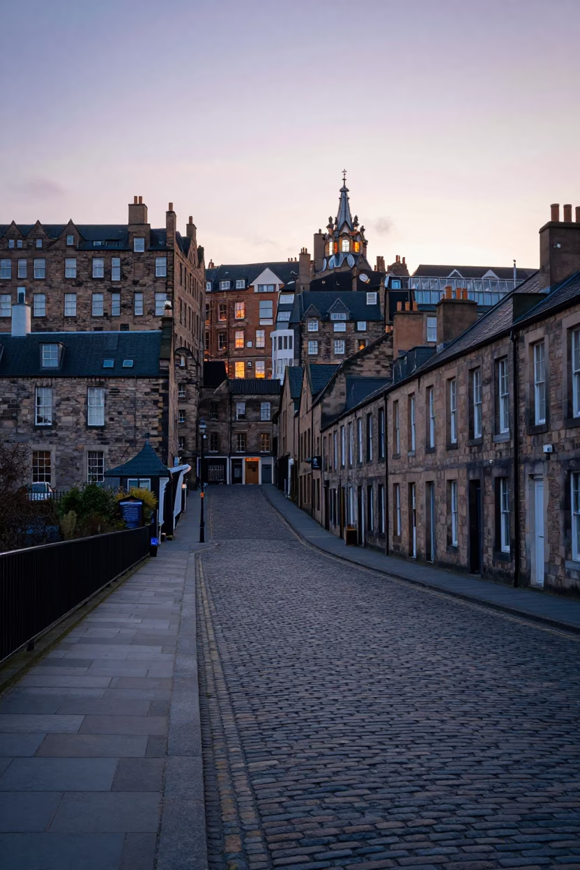 Early Morning Edinburgh Street Scene with Cobblestones and Historic Architecture in in Edinburgh, United Kingdom