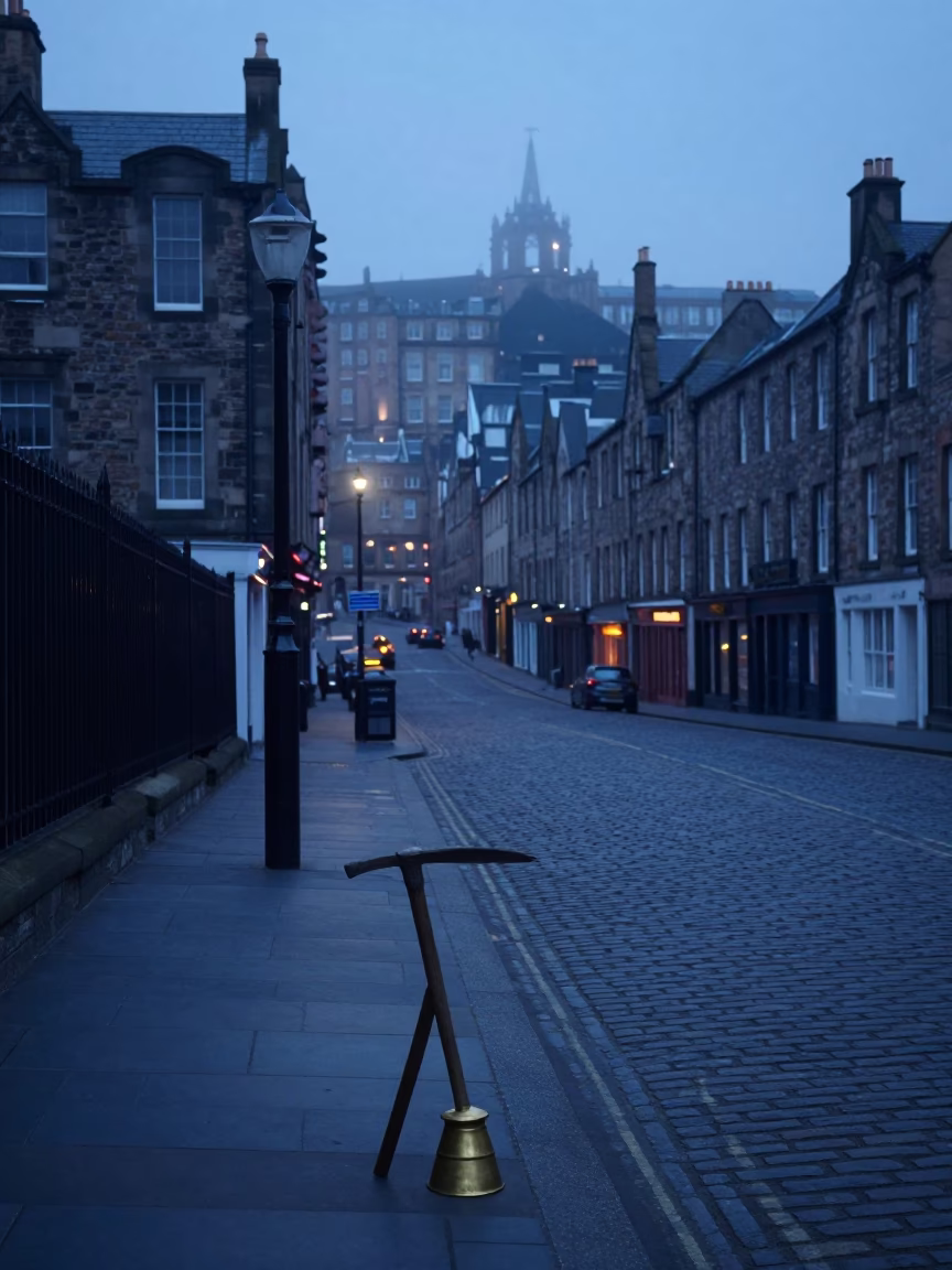 Early Morning Edinburgh Street Scene with Crowbar and Brass Fixture Before Dawn in in Edinburgh, United Kingdom