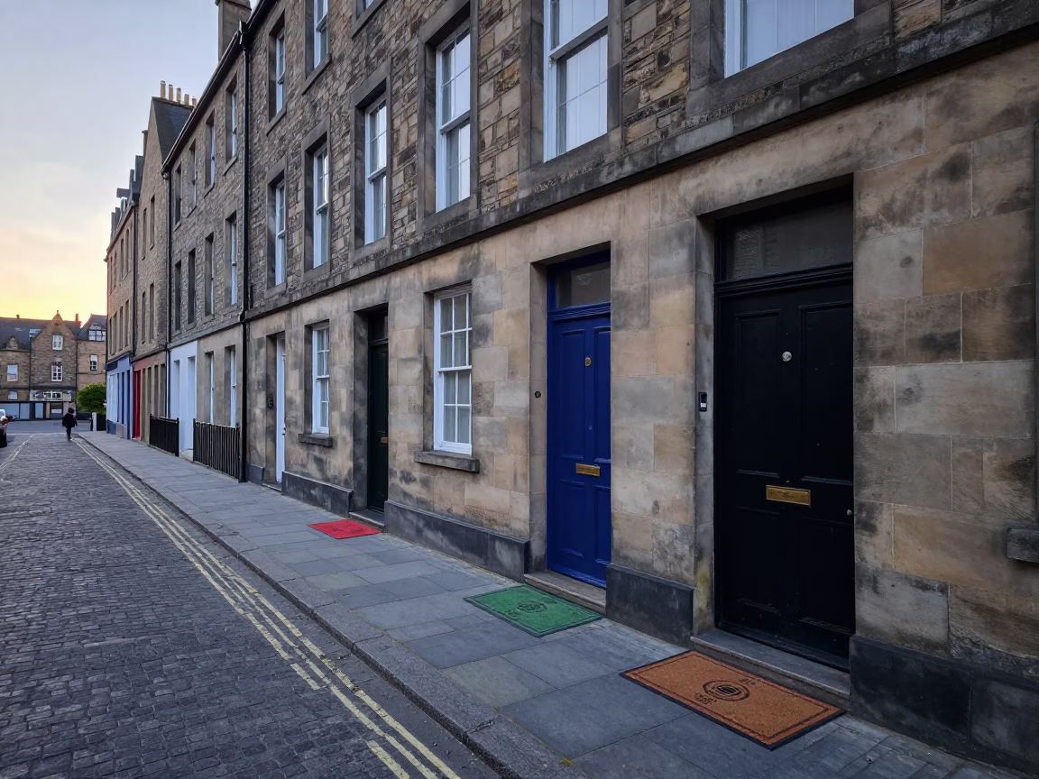 Early Morning Edinburgh Street Scene with Door Mats and Garden Benches in in Edinburgh, United Kingdom