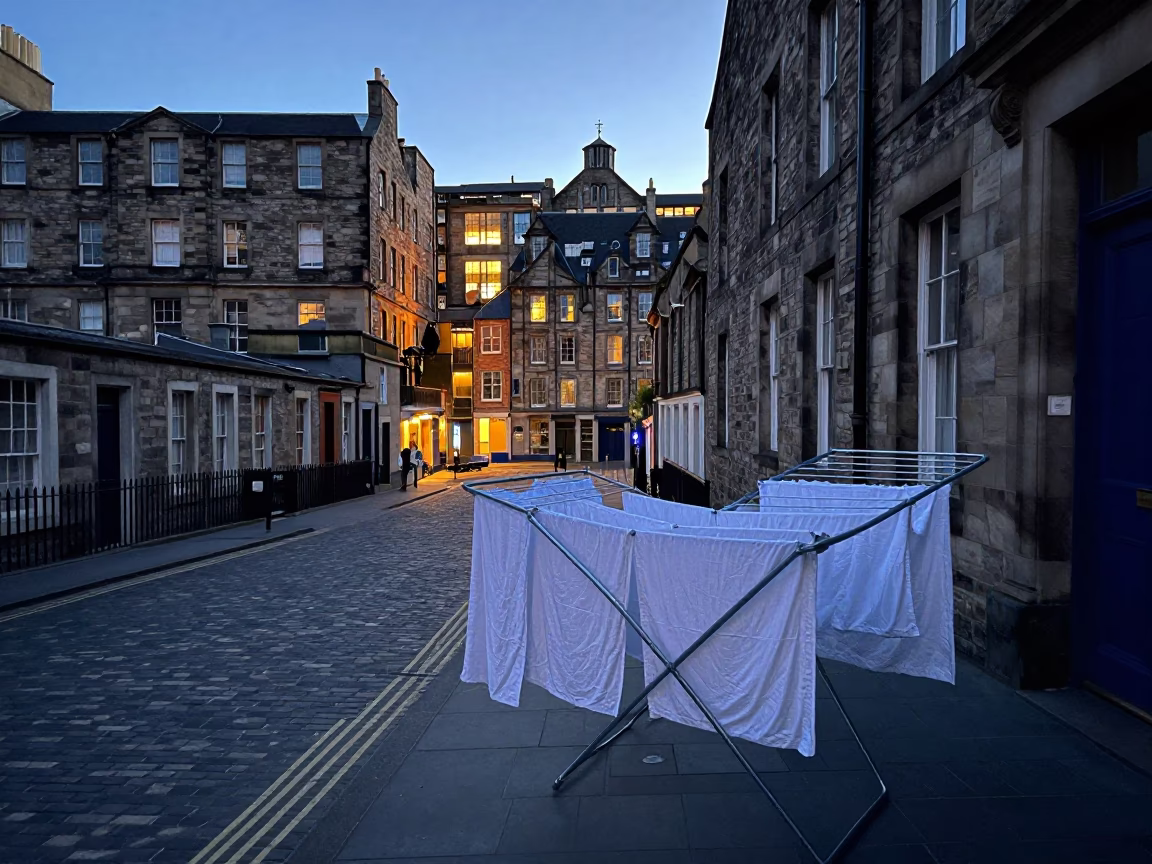 Early Morning Edinburgh Street Scene with Drying Rack and Local Details in in Edinburgh, United Kingdom
