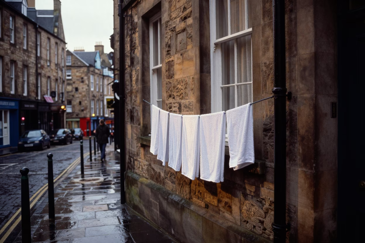 Early Morning Edinburgh Street Scene with Drying Towels and Historic Stone Architecture in in Edinburgh, United Kingdom