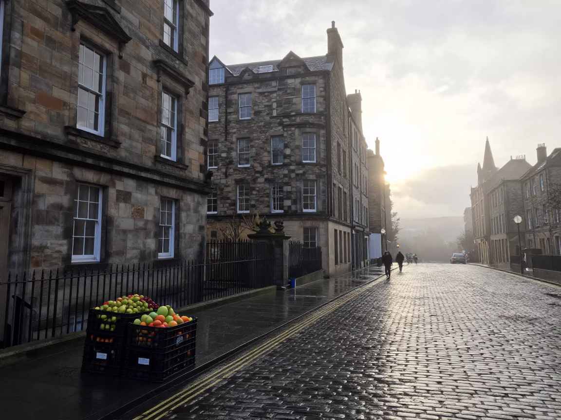 Early Morning Edinburgh Street Scene with Fruit Crate and Egg Cup in in Edinburgh, United Kingdom