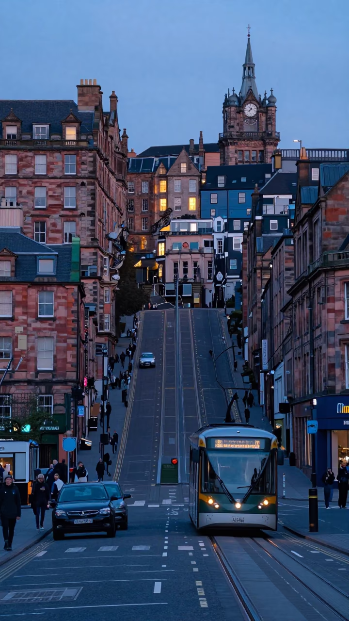 Early Morning Edinburgh Street Scene with Funicular and Urban Architecture Before Dawn in in Edinburgh, United Kingdom