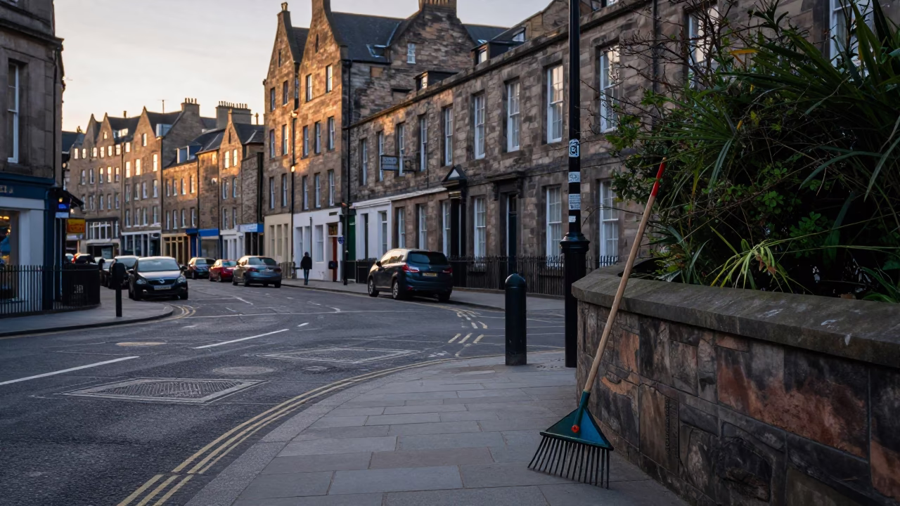 Early Morning Edinburgh Street Scene with Garden Rake and Local Market Activity in in Edinburgh, United Kingdom