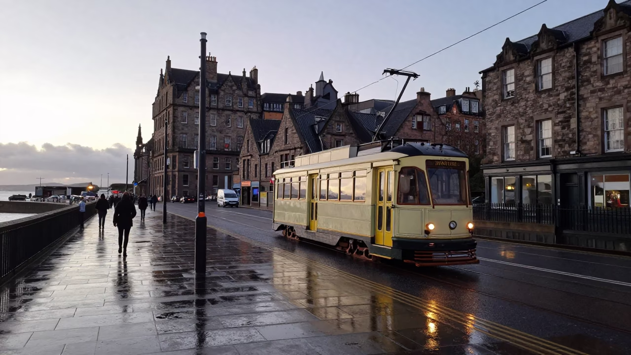 Early Morning Edinburgh Street Scene with Heritage Tram and Rain Swept Coastal Promenade in in Edinburgh, United Kingdom