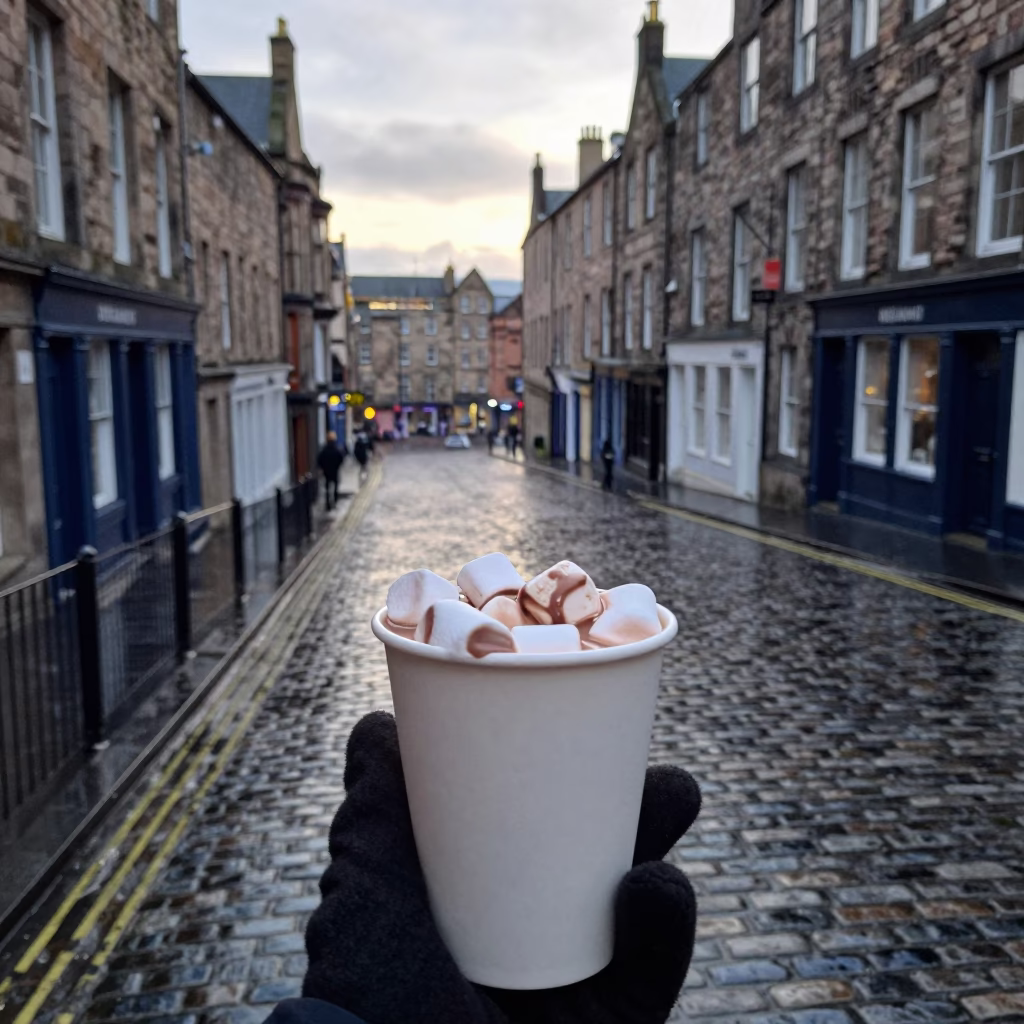 Early Morning Edinburgh Street Scene with Hot Chocolate and Kitchen Stool in in Edinburgh, United Kingdom