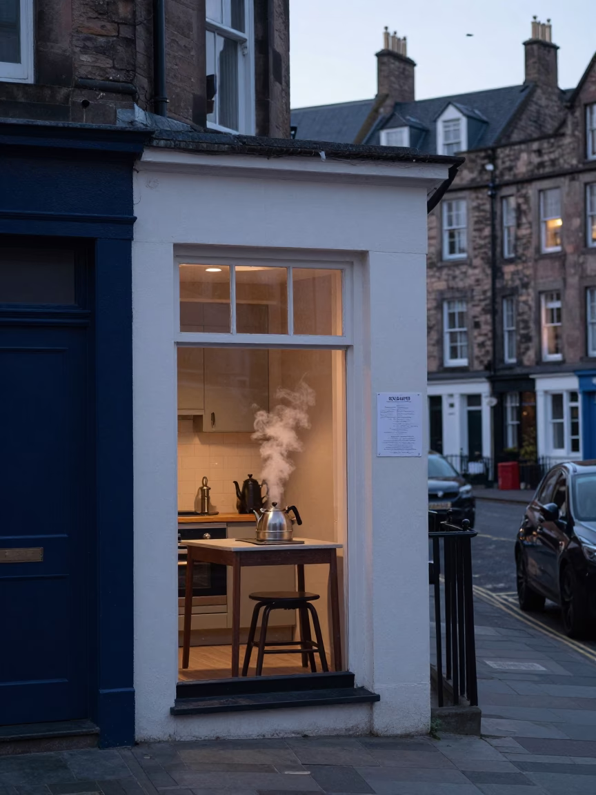 Early Morning Edinburgh Street Scene with Kettle and Recipe Tin on Windowsill in in Edinburgh, United Kingdom