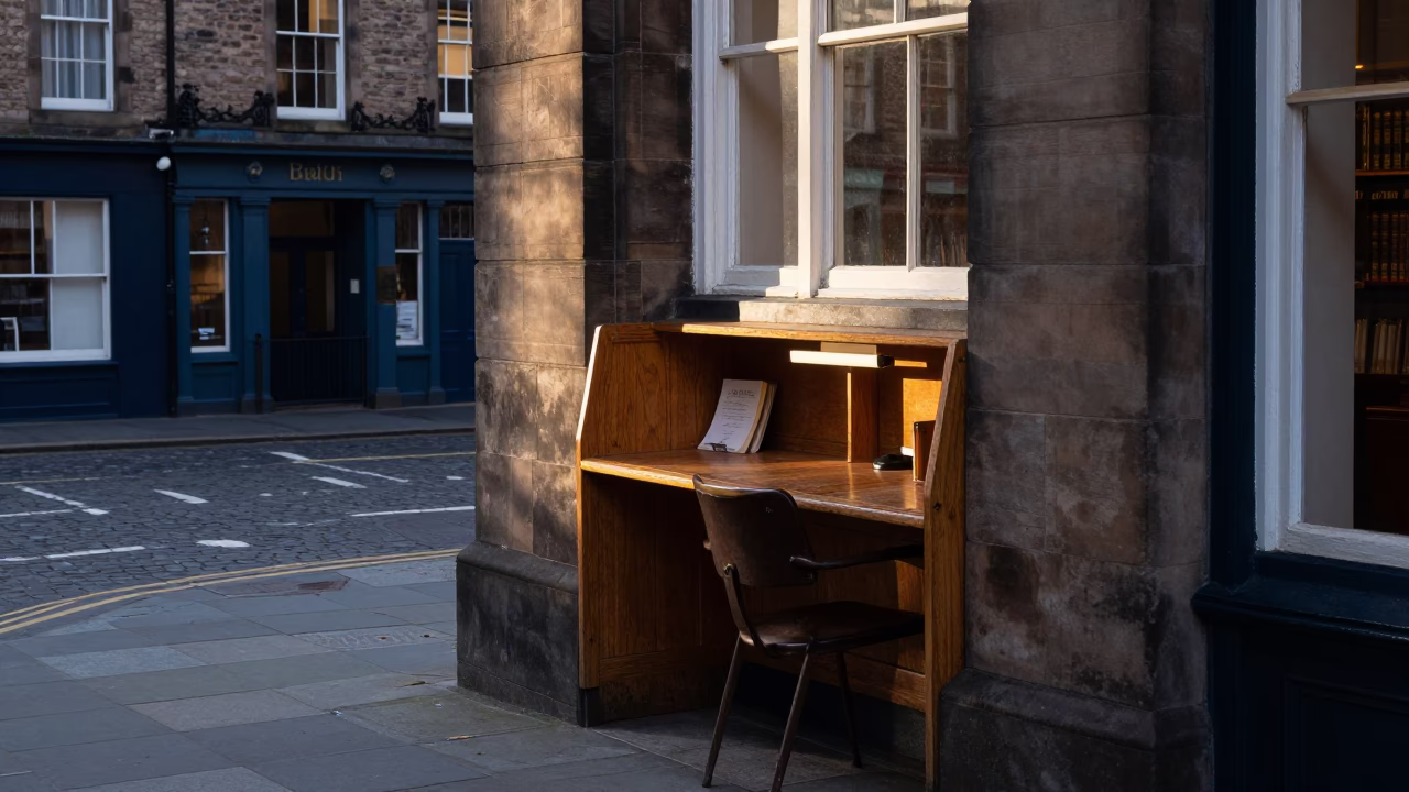 Early Morning Edinburgh Street Scene with Library Study Carrel and Amber Desk Lamps in in Edinburgh, United Kingdom