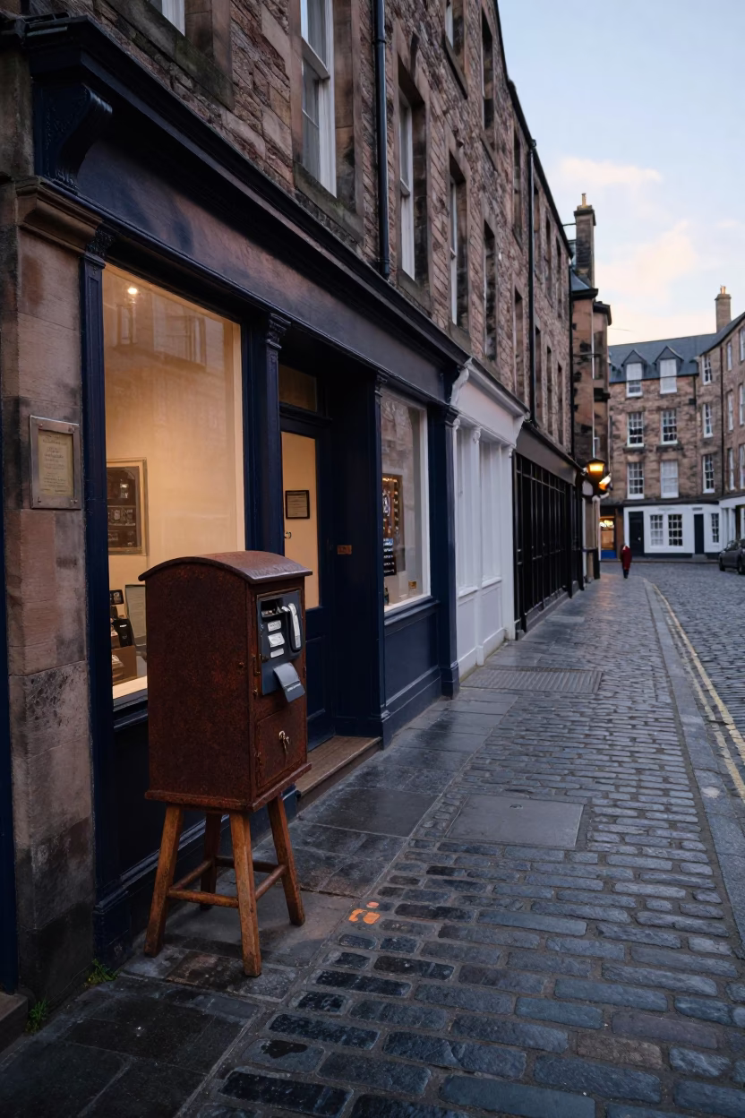 Early Morning Edinburgh Street Scene with Lockable Cash Box and Cobblestones in in Edinburgh, United Kingdom