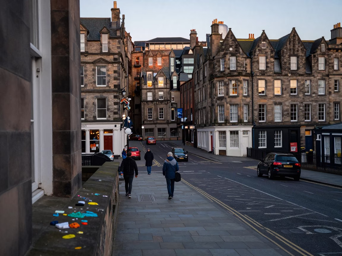 Early Morning Edinburgh Street Scene with Paint Flecks and Local Architecture in in Edinburgh, United Kingdom