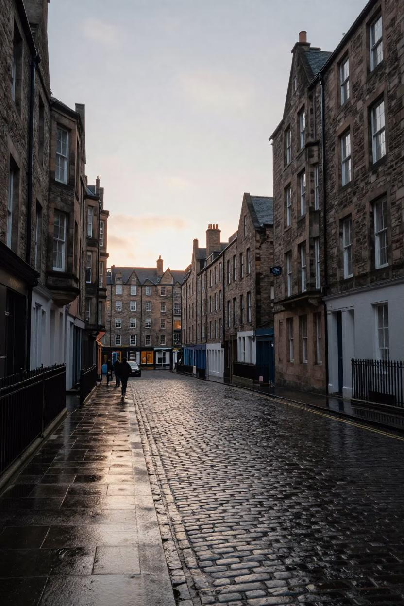 Early Morning Edinburgh Street Scene with Polished Cobblestones and Historic Sandstone Buildings in in Edinburgh, United Kingdom