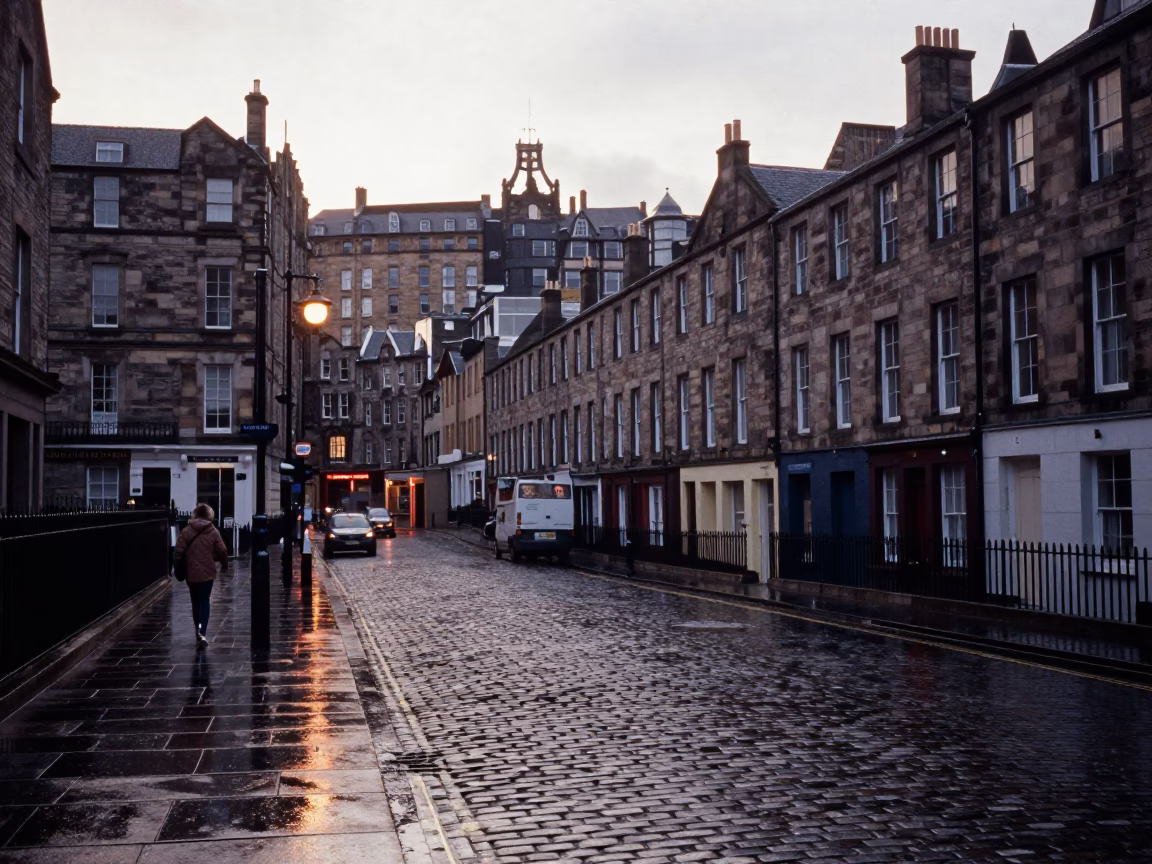 Early Morning Edinburgh Street Scene with Rain-Slicked Cobblestones and Historic Sandstone Architecture in in Edinburgh, United Kingdom