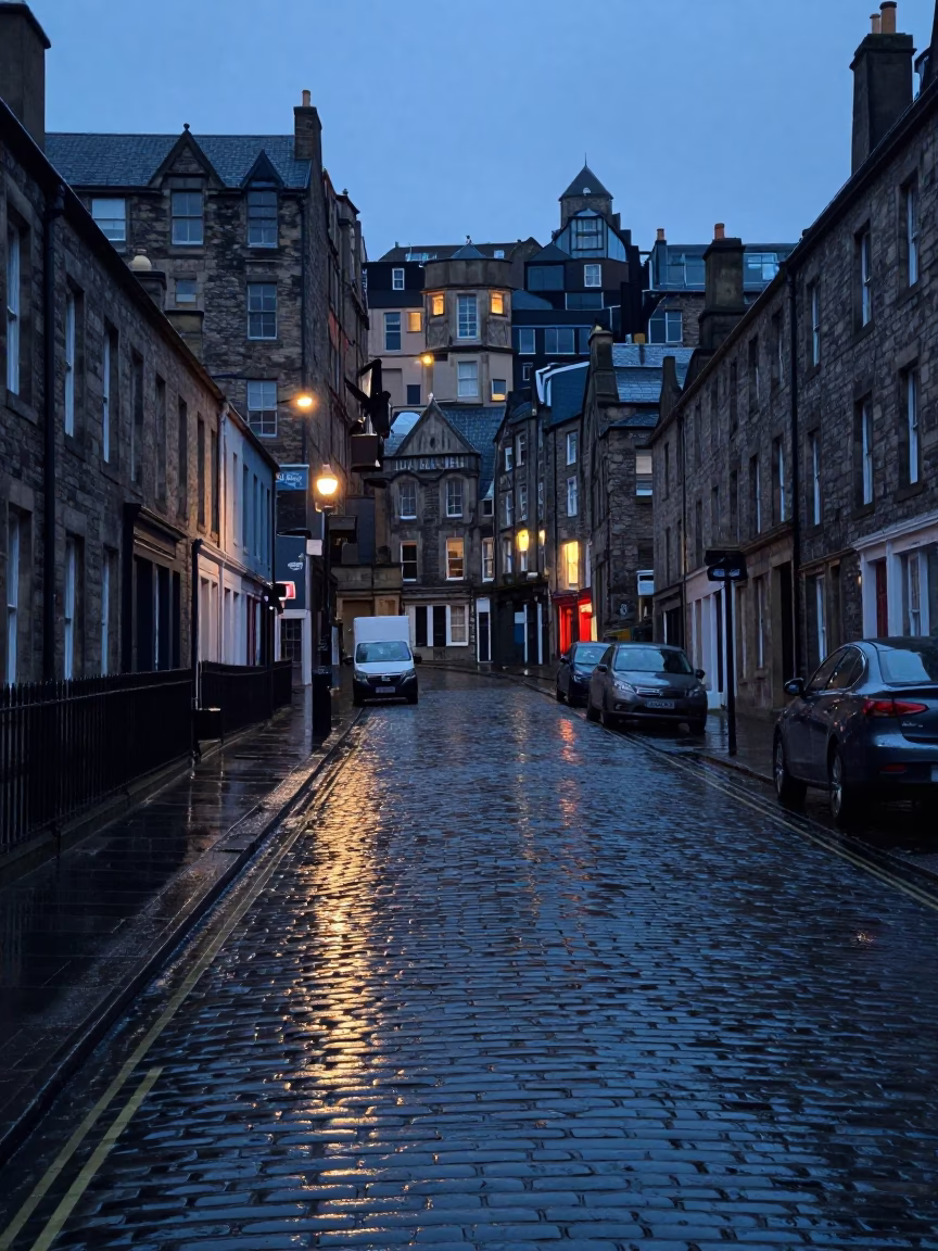 Early Morning Edinburgh Street Scene with Rain-Slicked Cobblestones and Street Furniture in in Edinburgh, United Kingdom