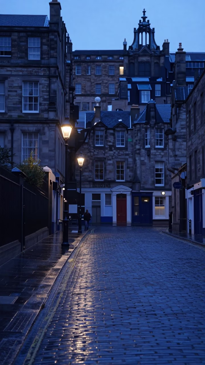 Early Morning Edinburgh Street Scene with Rosemary and Paint Flecks Before Sunrise in in Edinburgh, United Kingdom