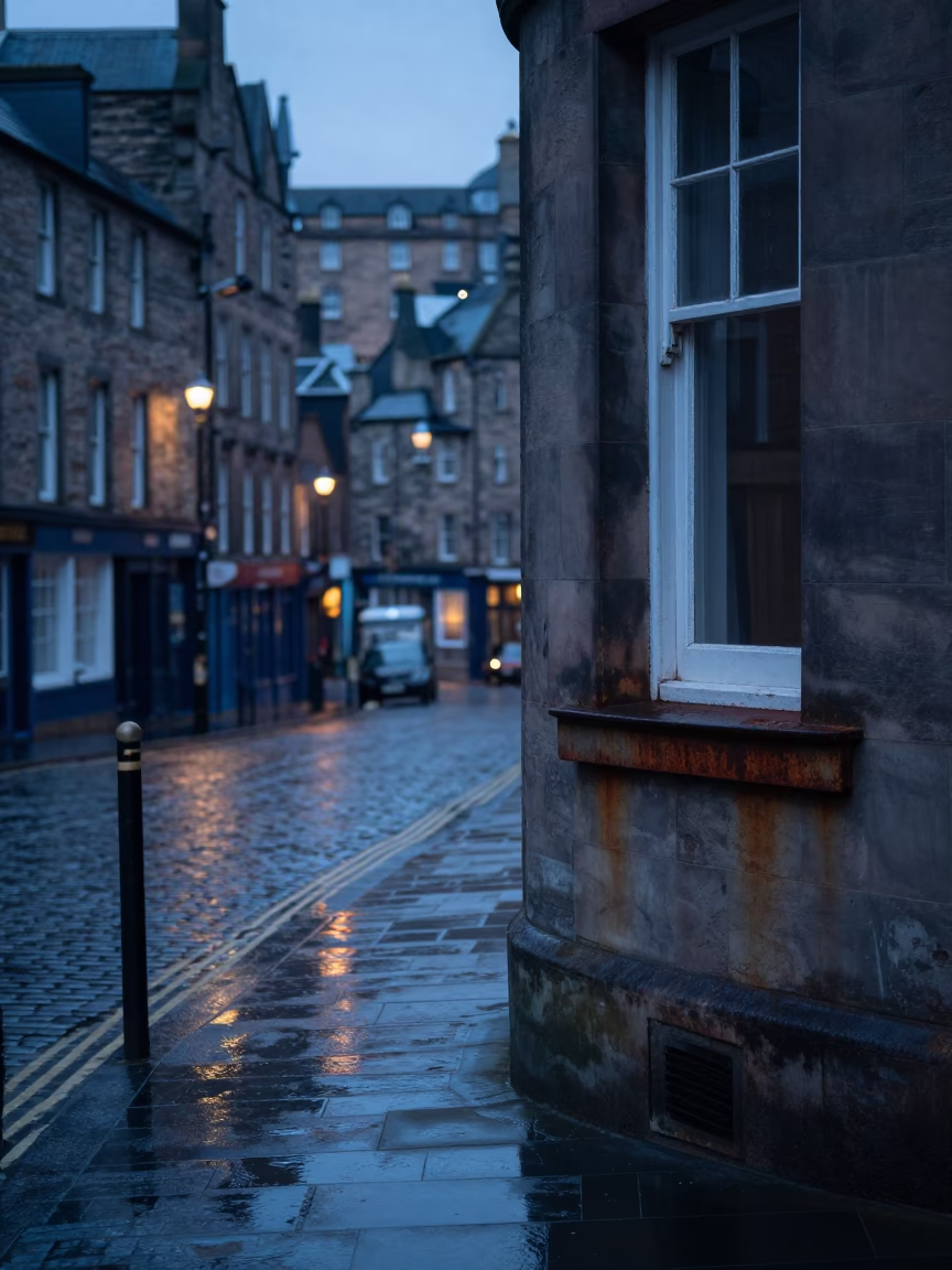 Early Morning Edinburgh Street Scene with Rusty Window Sill and Scarf Detail in in Edinburgh, United Kingdom