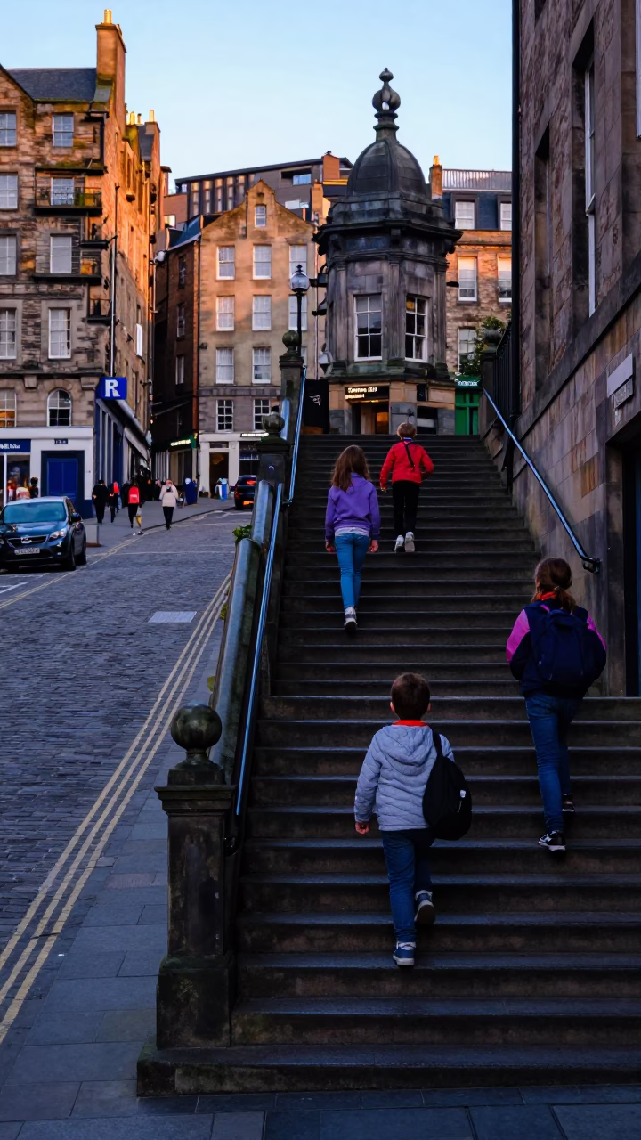 Early Morning Edinburgh Street Scene with School Staircase and Urban Details in in Edinburgh, United Kingdom