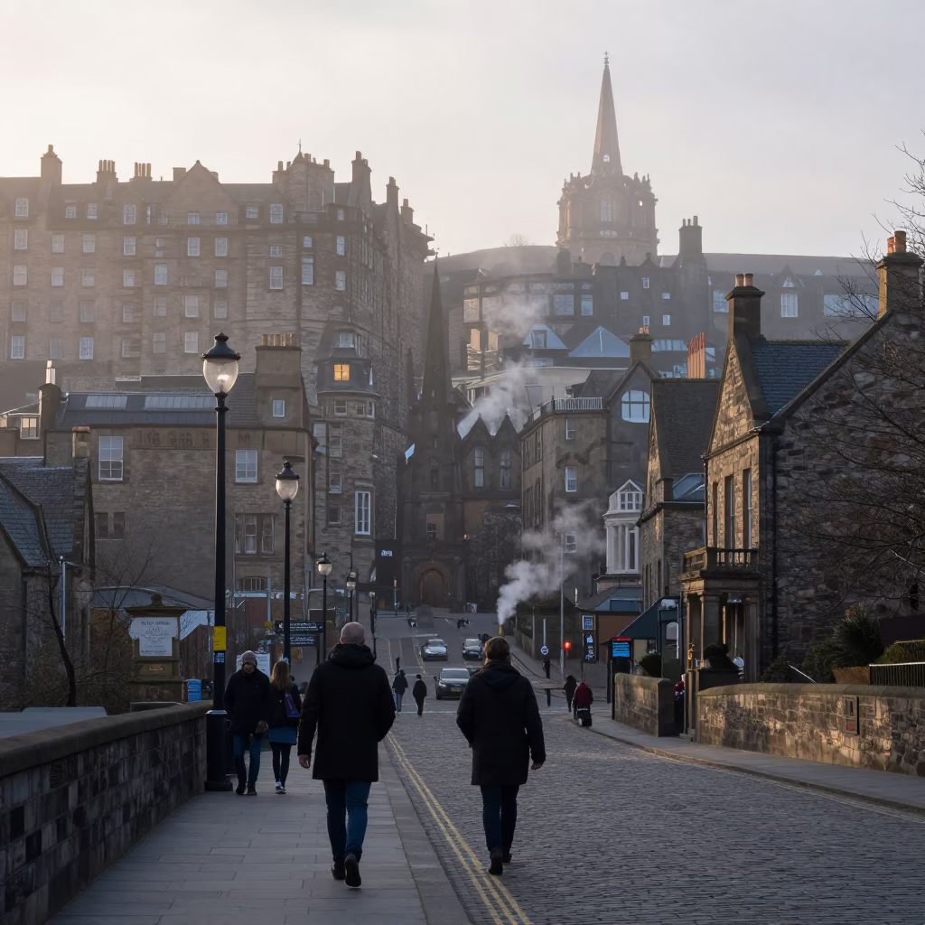 Early Morning Edinburgh Street Scene with Steam and Urban Details in in Edinburgh, United Kingdom