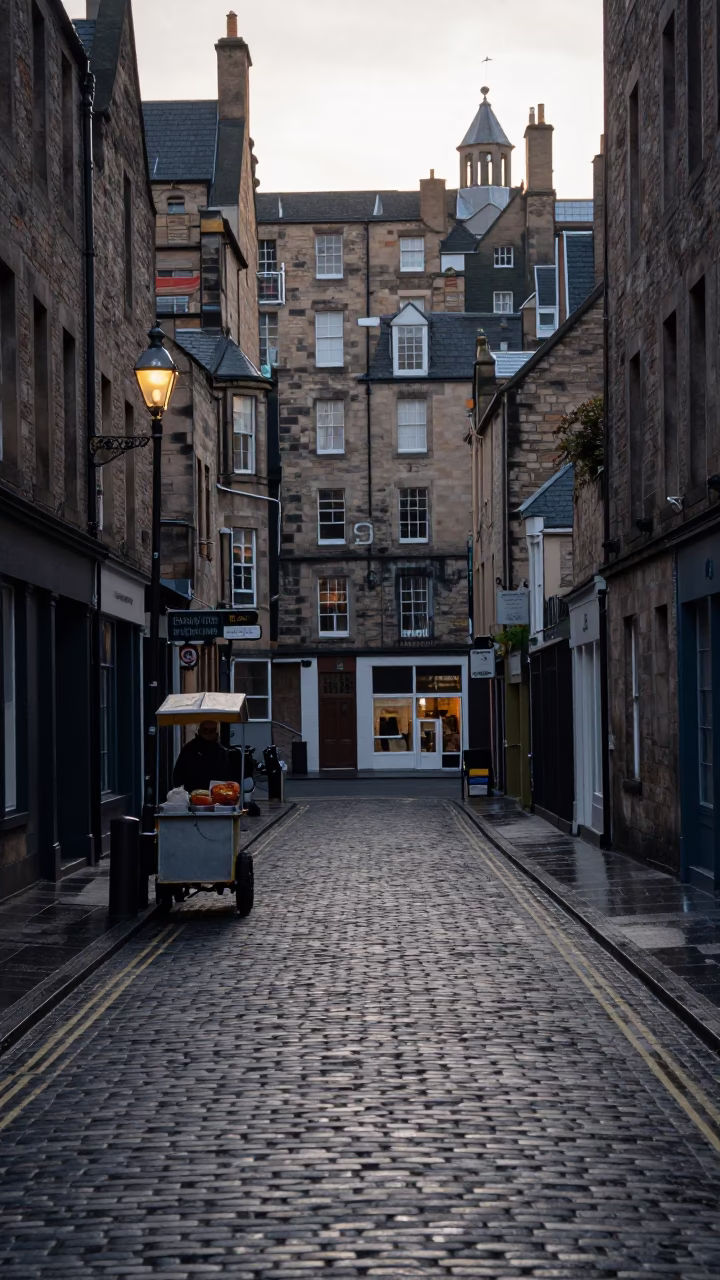 Early Morning Edinburgh Street Scene with Sunlight and Local Details in in Edinburgh, United Kingdom