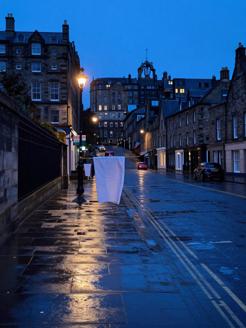 Early Morning Edinburgh Street Scene with Tea Towel and Floor Lamp in Window Display in in Edinburgh, United Kingdom